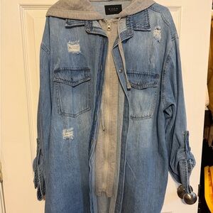 Risen Women's Distressed Blue Denim Jacket with Gray Hoodie